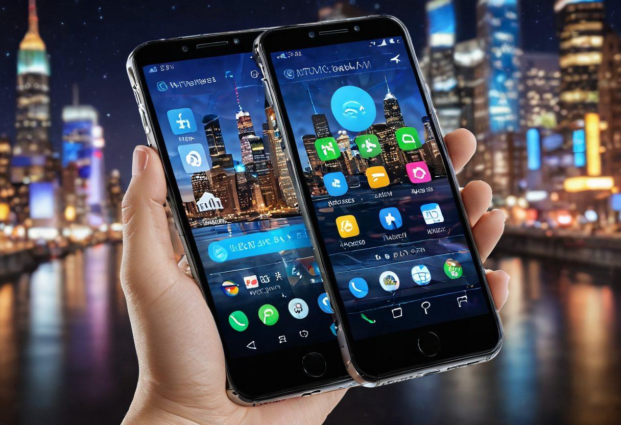 A futuristic smartphone displaying the latest Tracfone innovations, with holographic features and digital interfaces. Surround the device with icons representing wireless plans, like data bundles and call options, creating a sense of connectivity. Include a backdrop of sleek cityscapes and abstract technology patterns. The image should evoke a sense of advancement and excitement about the future of communication. super-realistic. vibrant colors. 3D.