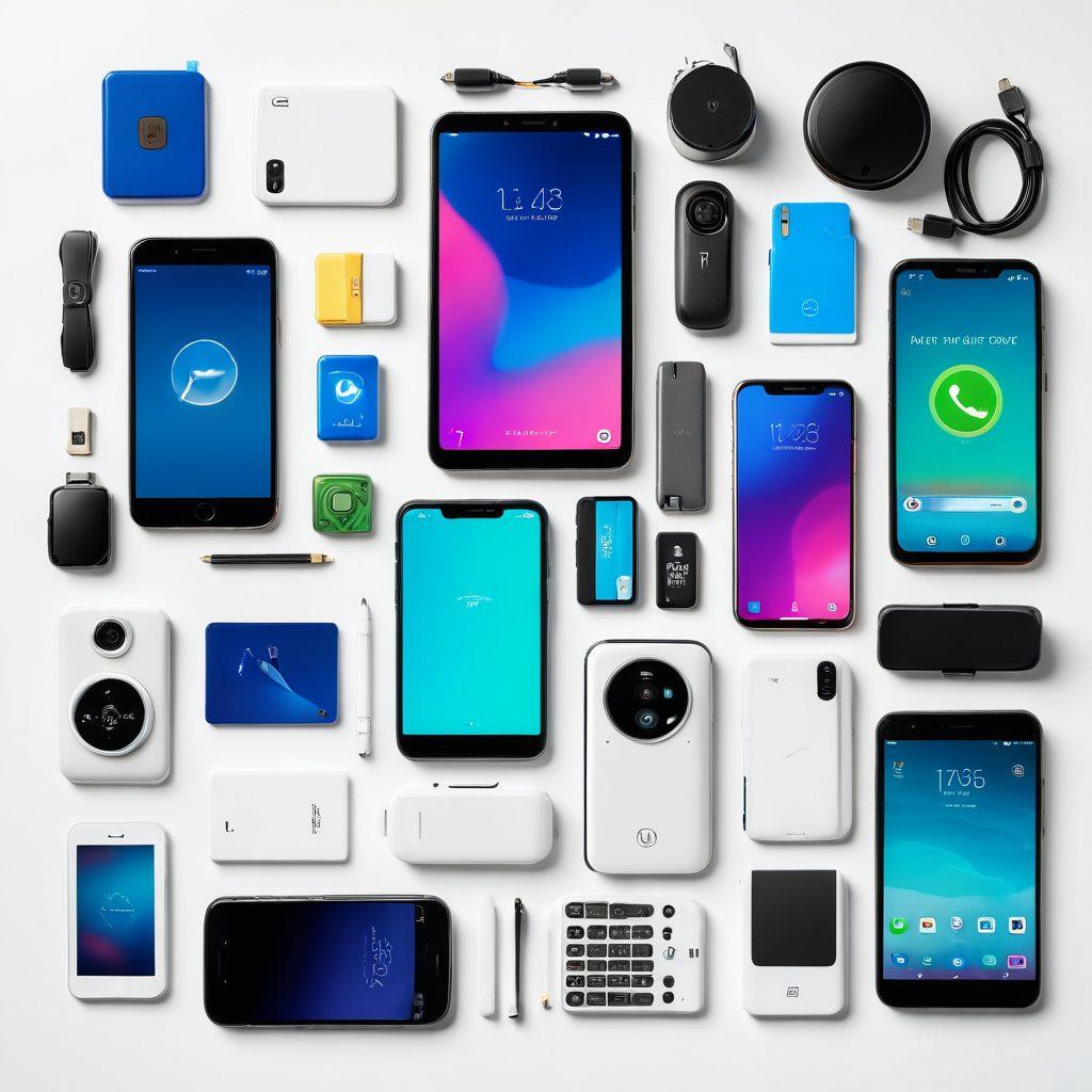 A creative flat lay of a modern smartphone surrounded by various Tracfone gadgets and accessories, showcasing the latest tech features. Incorporate vibrant icons of mobile plans in the background, with subtle tech elements like circuit patterns and a bright color palette to attract attention. Make it visually engaging and tech-savvy. super-realistic. vibrant colors. white background.